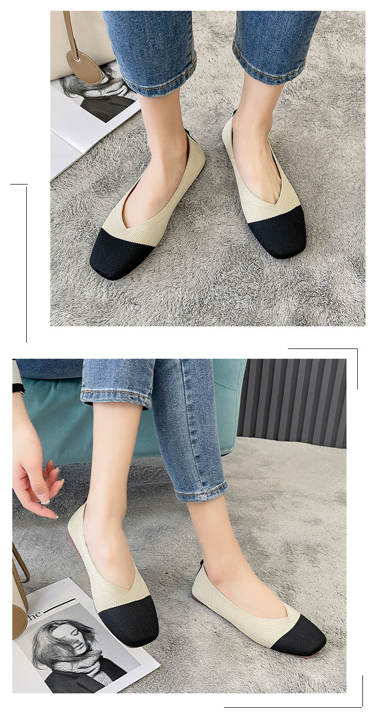 Fashion color matching woven square head flat bottom loafers