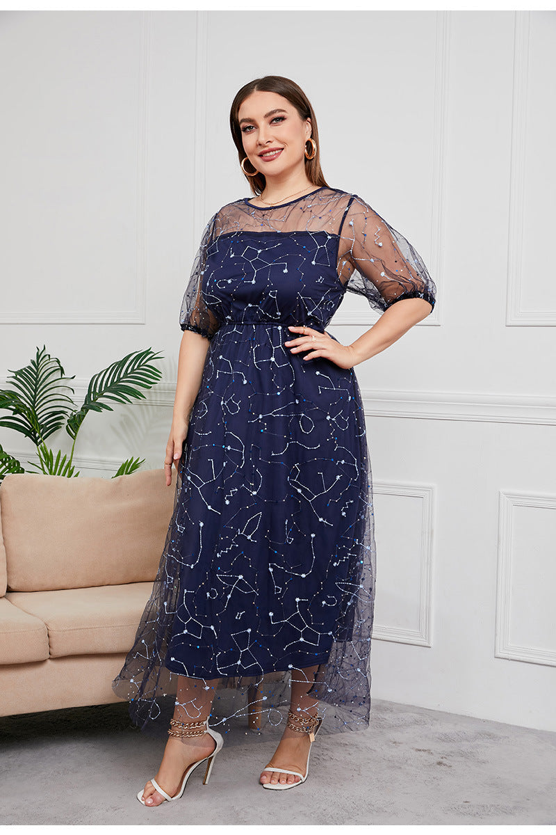 French plus size mesh embroidered dress