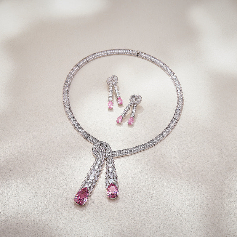 Luxury Pink Crystal Tassel Jewelry Set Necklace Earrings Elegant Circle Pendant Statement Set for Women
