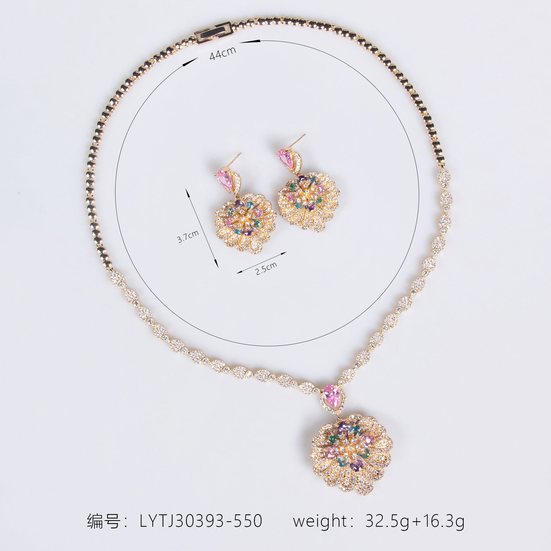 Luxury Pink Floral Crystal Necklace and Earrings Jewelry Set for Women