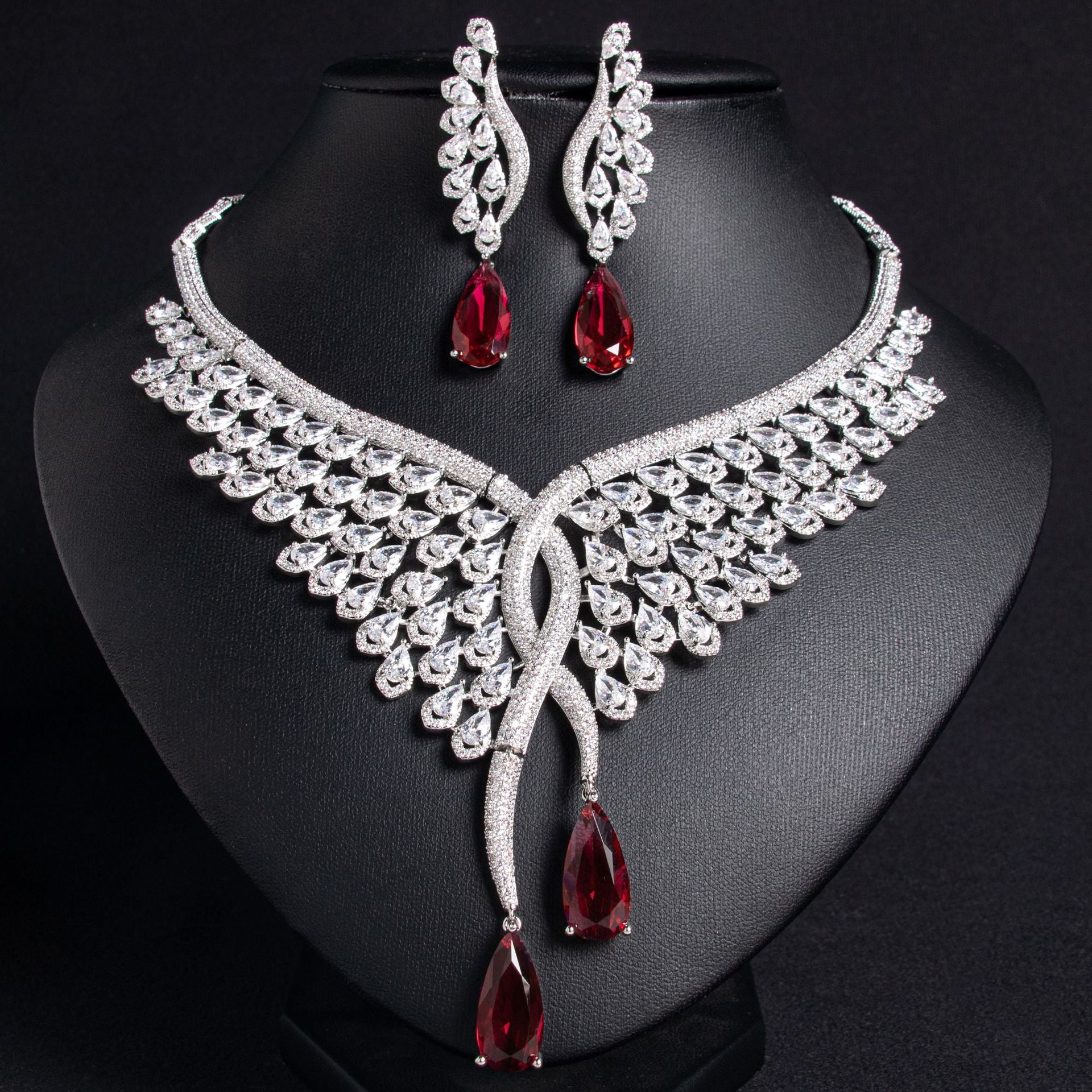 Elegant Ruby Red Teardrop Jewelry Set – Silver Crystal Necklace Earrings