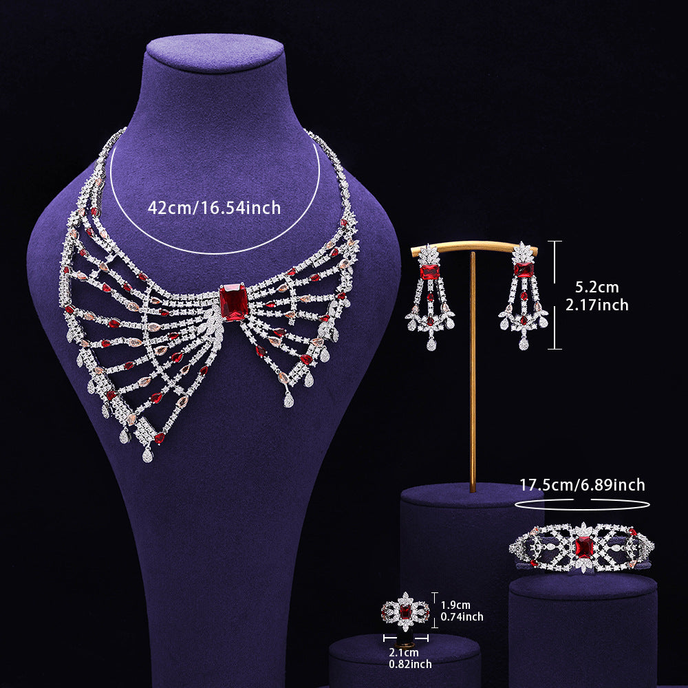 Luxury Red Crystal Bow Style Necklace Earrings Bracelet Ring Jewelry Set