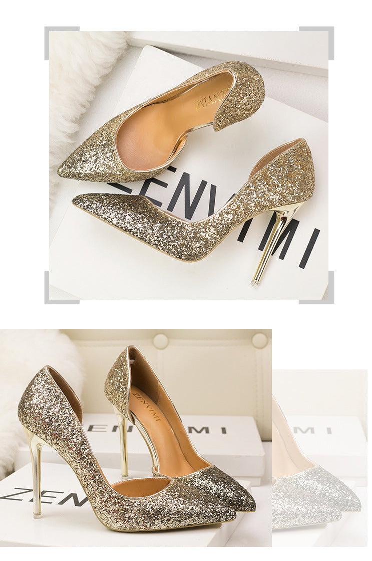 Sexy pointed side hollow sequin heels