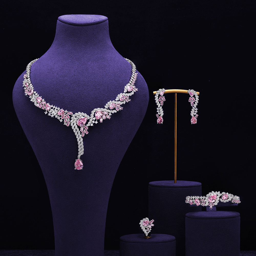 Luxury Pink Crystal Floral Jewelry Set – Necklace Earrings Bracelet Ring for Women