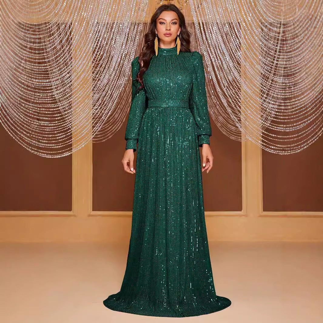 Solid color sequined long-sleeved stand-up neck evening dress long dress