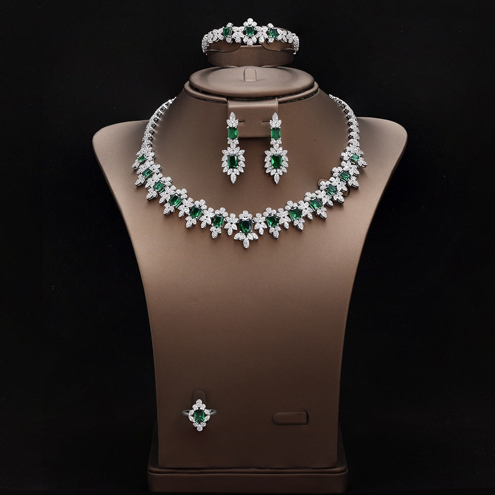 Luxury Emerald Green Crystal Jewelry Set – Necklace Earrings Bracelet Ring for Women