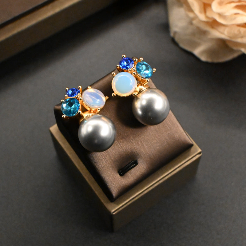 Premium blue rhinestone pearl stud earrings