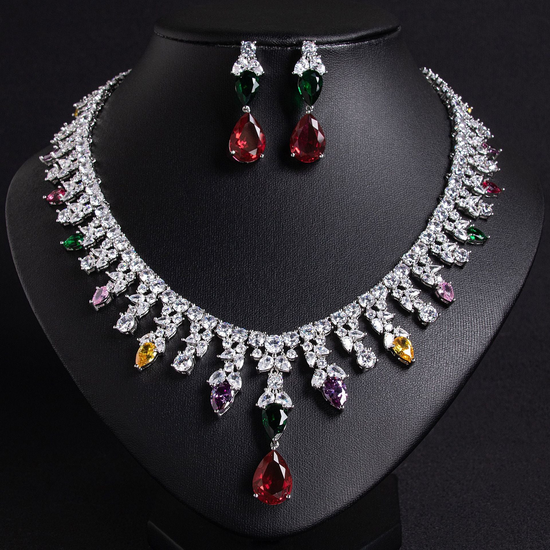 Luxury Multicolor Gemstone Statement Necklace Set for Women – Floral Jewelry with Matching Earrings