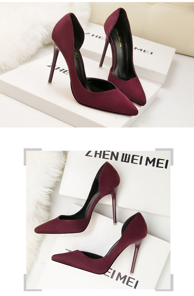 Simple suede hollow pointed high heels