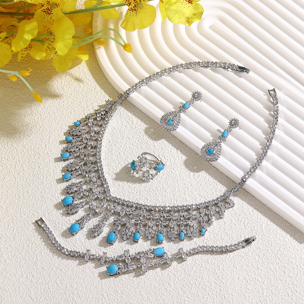 Luxury Silver Crystal Turquoise Blue Jewelry Set Necklace Earrings Ring Bracelet Bridal Wedding Statement Set for Women