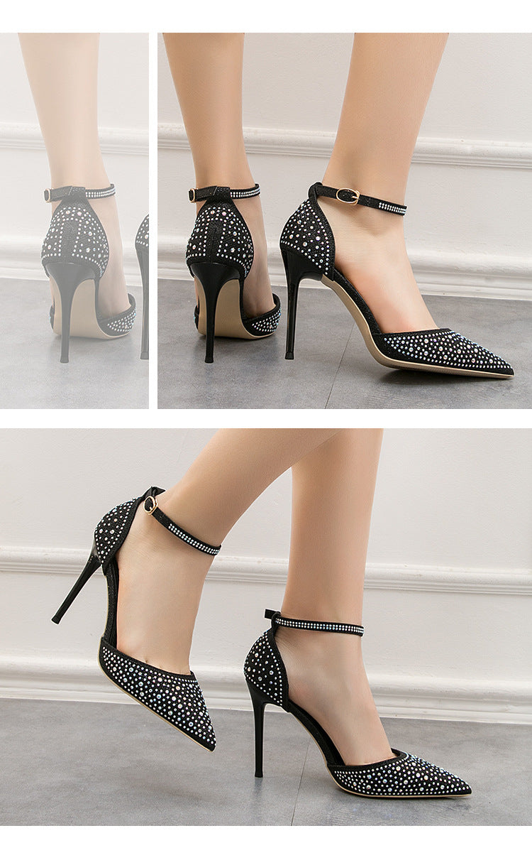 Hollow word with shiny rhinestone heels