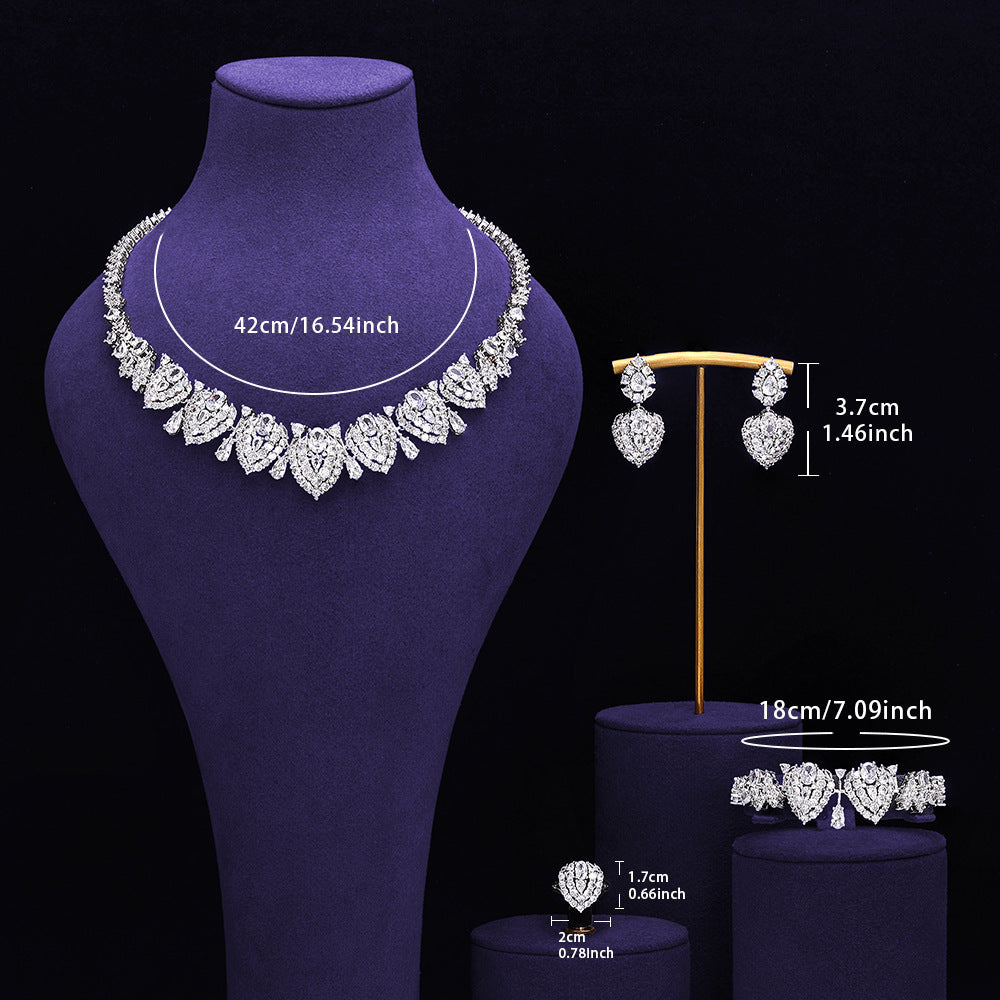 Luxury Heart Shape Crystal Jewelry Set Blue Pink Zircon Necklace Earrings Ring Bridal Statement Set for Women