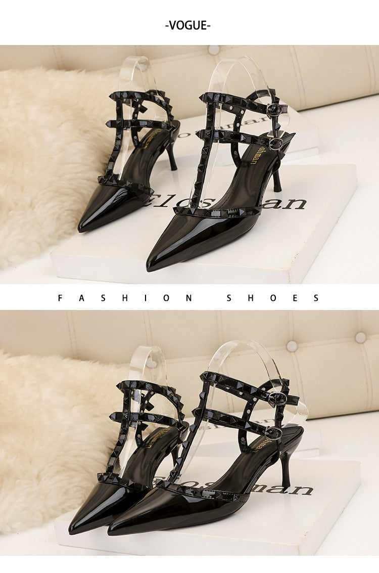 Nightclub sexy patent leather metal rivet high heels