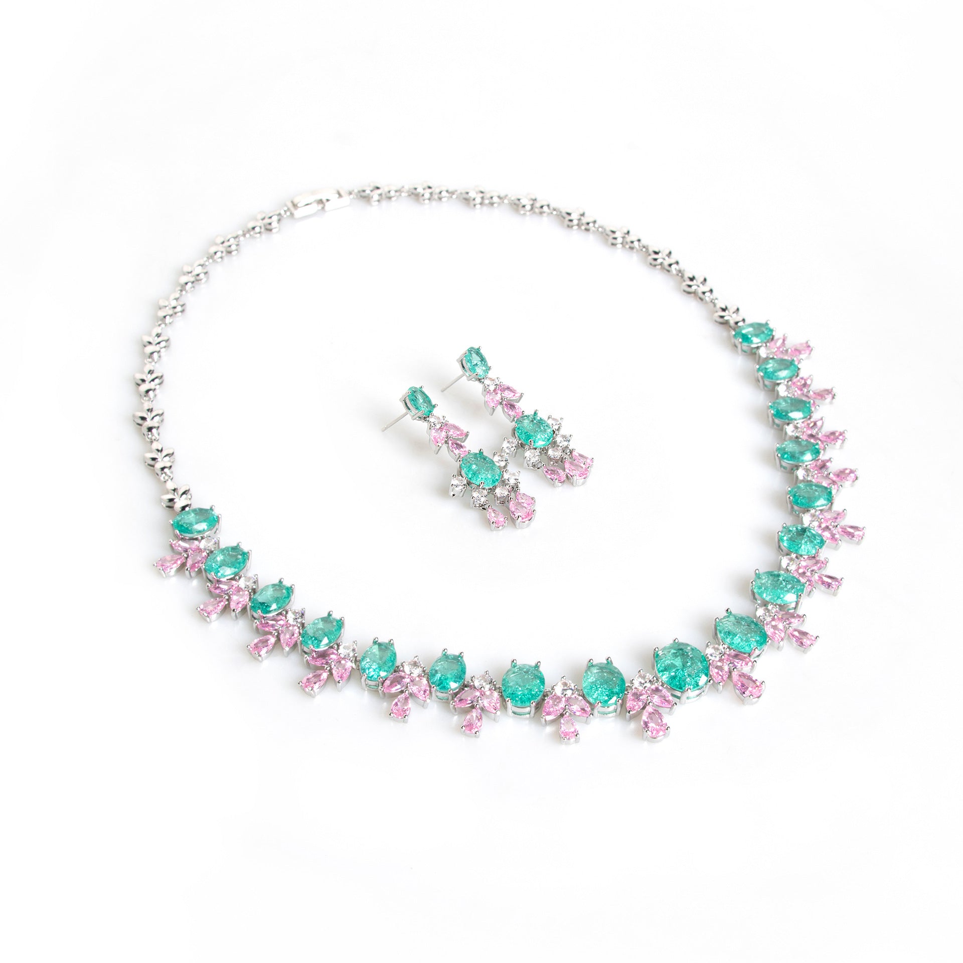 Luxury Aqua Blue & Pink Crystal Necklace Set for Women – Elegant Statement Jewelry