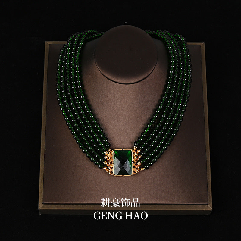 Green Crystal Multi-layer Stacked Necklace Set