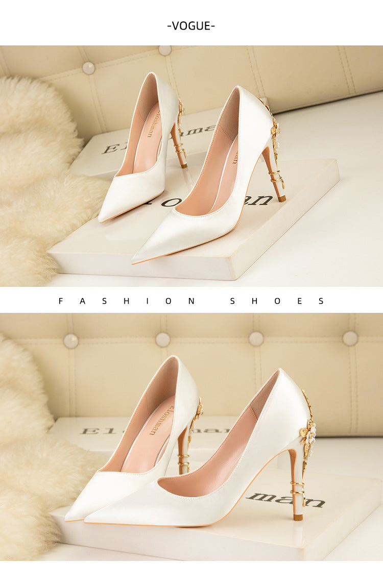 Sexy pointed satin metal flower high heels wedding shoes