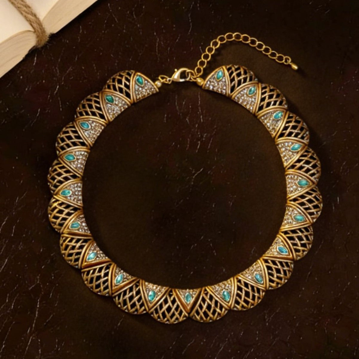 Vintage old gold greenstone hollow fan necklace