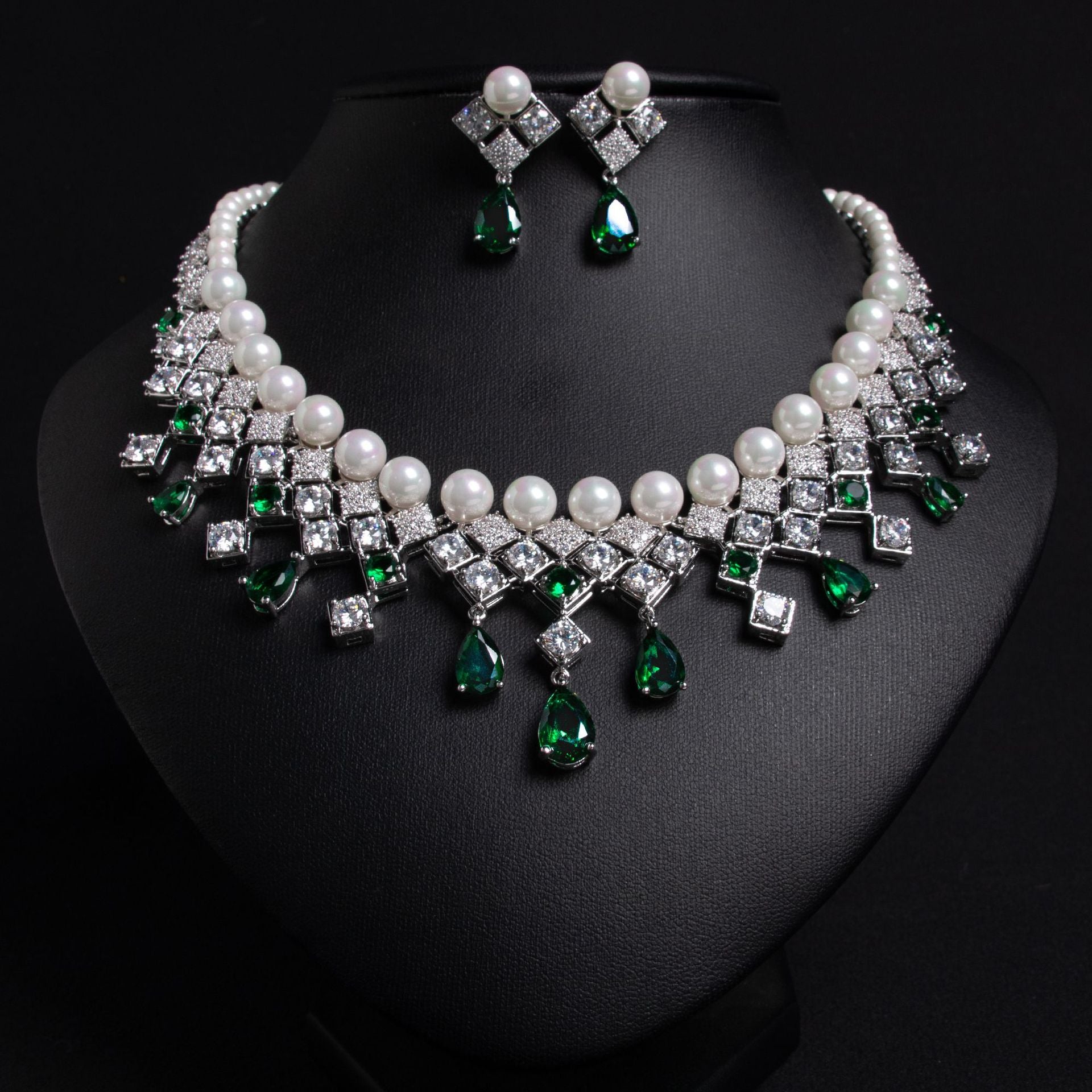 Luxury Pearl Blue Crystal Necklace and Earrings Jewelry Set for Women