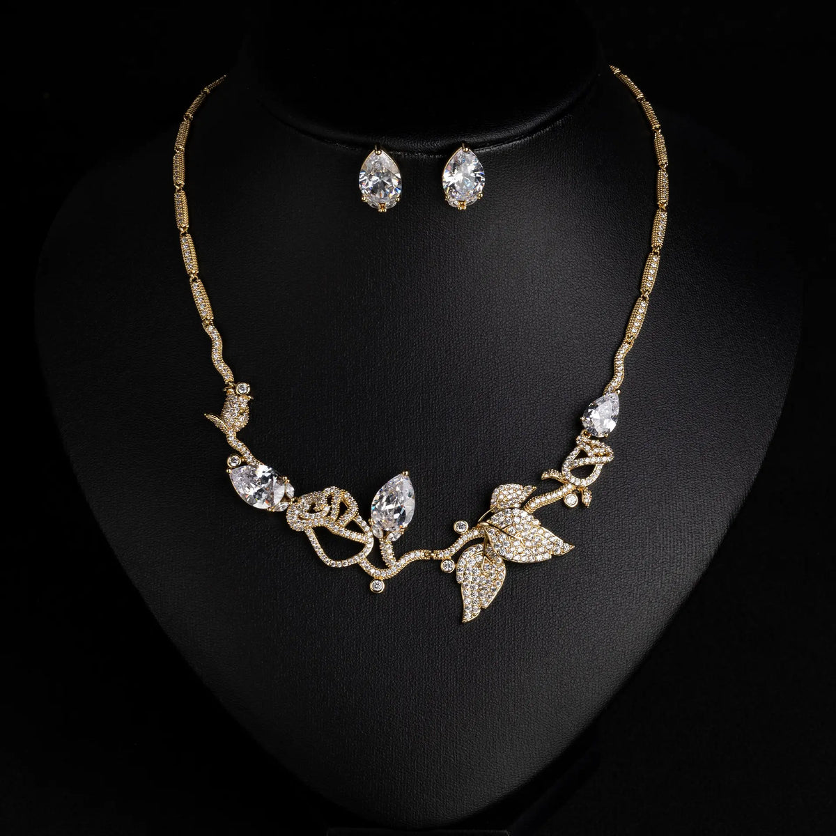 Water drop leaf zircon necklace and earrings set - women's luxury jewelry for banquets and weddings