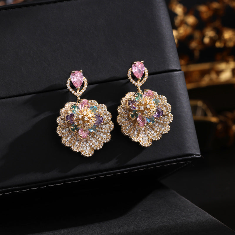 S925 Silver Diamond Flower Fan Earrings