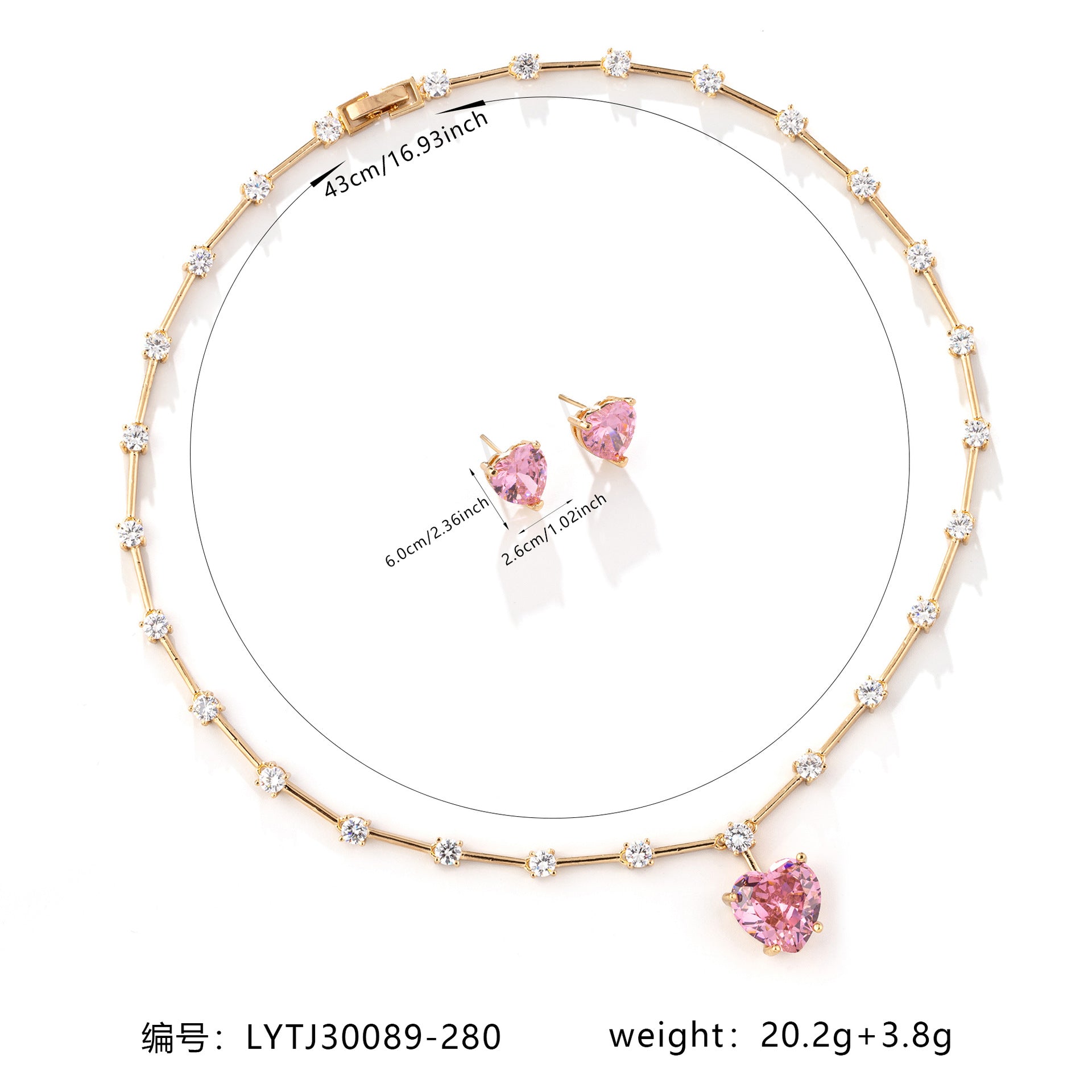 Elegant Heart Shaped Crystal Necklace Earrings Set – Luxury Pink Jewelry Collection