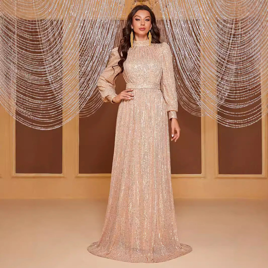 Solid color sequined long-sleeved stand-up neck evening dress long dress