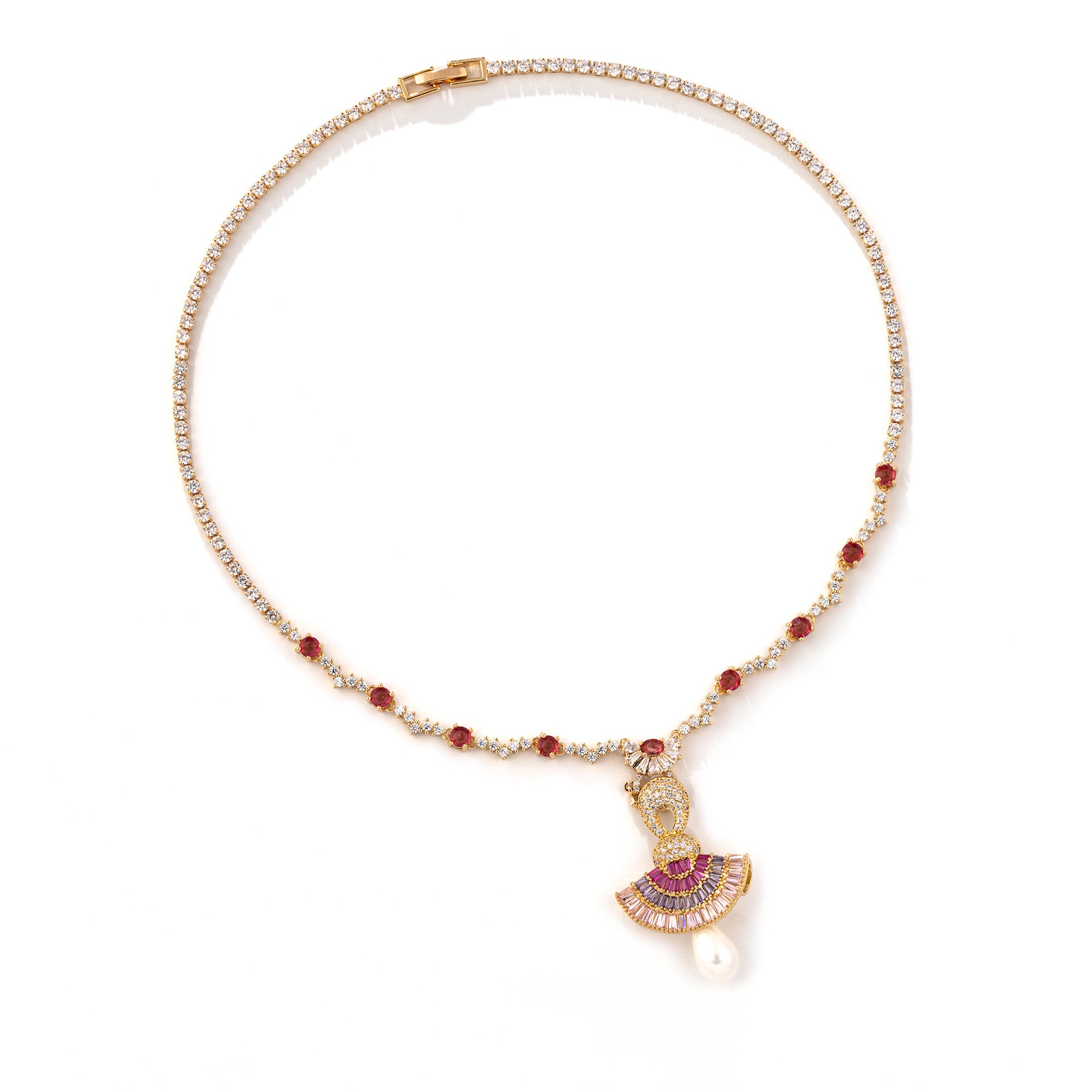Luxury Red Purple Crystal Fan Pendant Necklace Set with Pearl Drop – Statement Evening Jewelry for Women