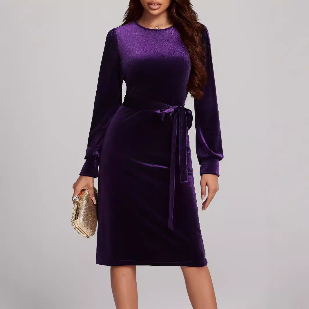 Long sleeved waistband temperament velvet dress