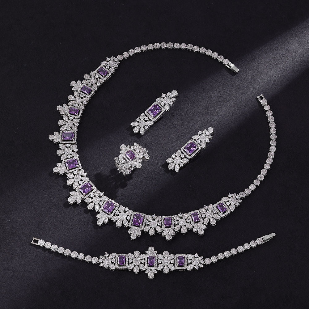 Luxury Purple Crystal Floral Jewelry Set – Necklace Earrings Bracelet Ring for Women