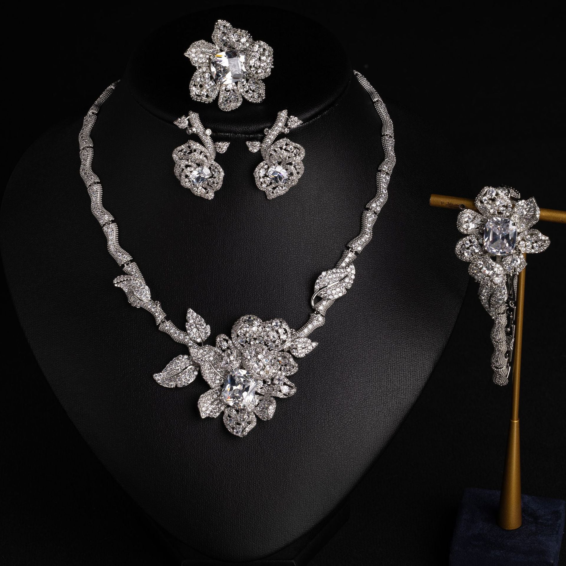 Luxury Red Gemstone Floral Jewelry Set for Women – Necklace Earrings Bracelet and Ring