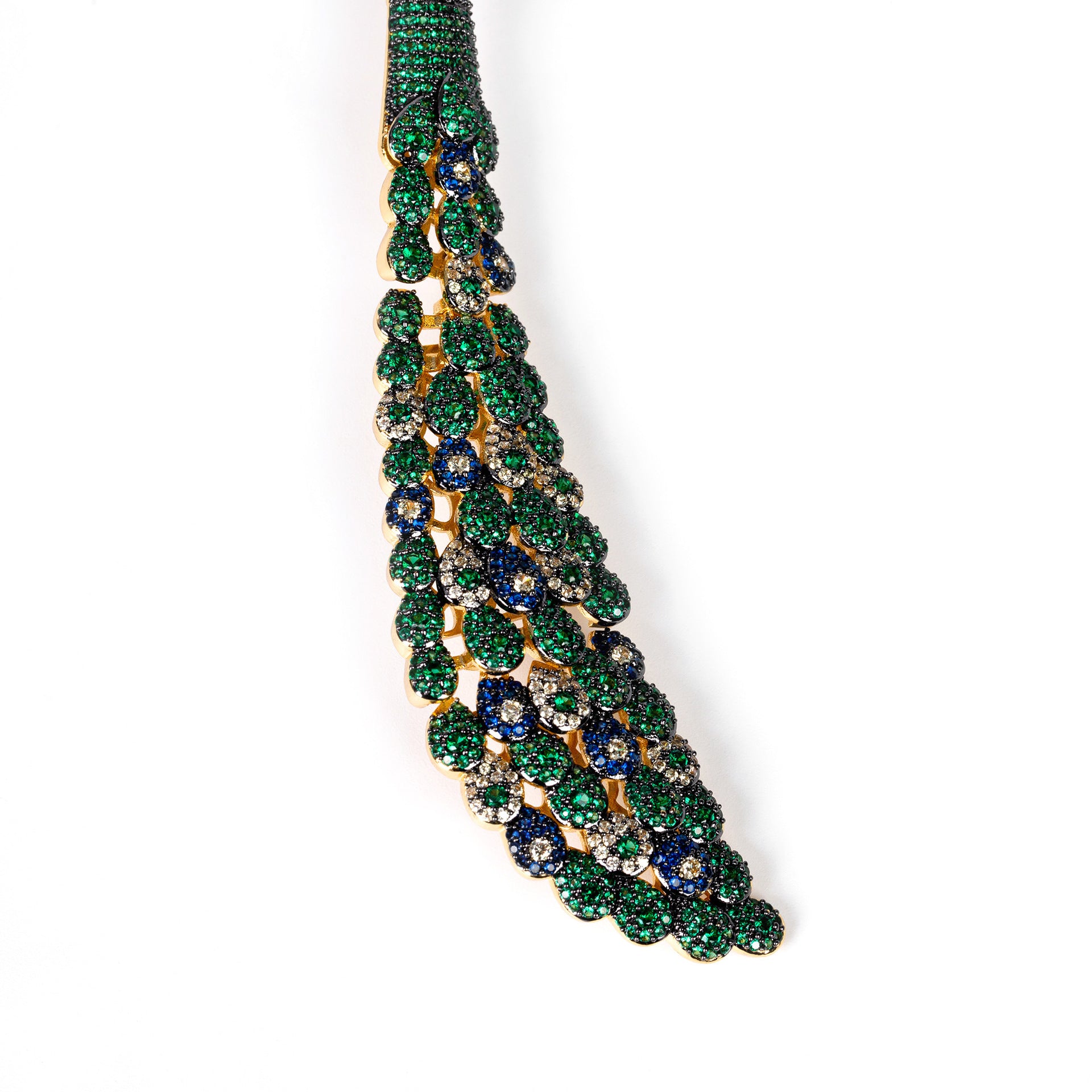Parure Collier Boucles d'Oreilles Paon Entièrement Ornée de Diamants et Pierres Précieuses Colorées