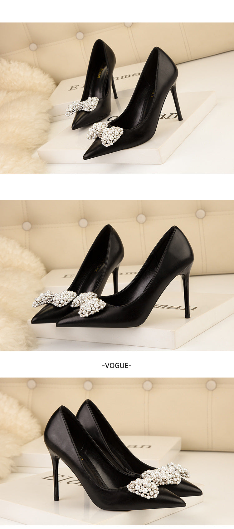 Fashion pointed pearl bow high heels