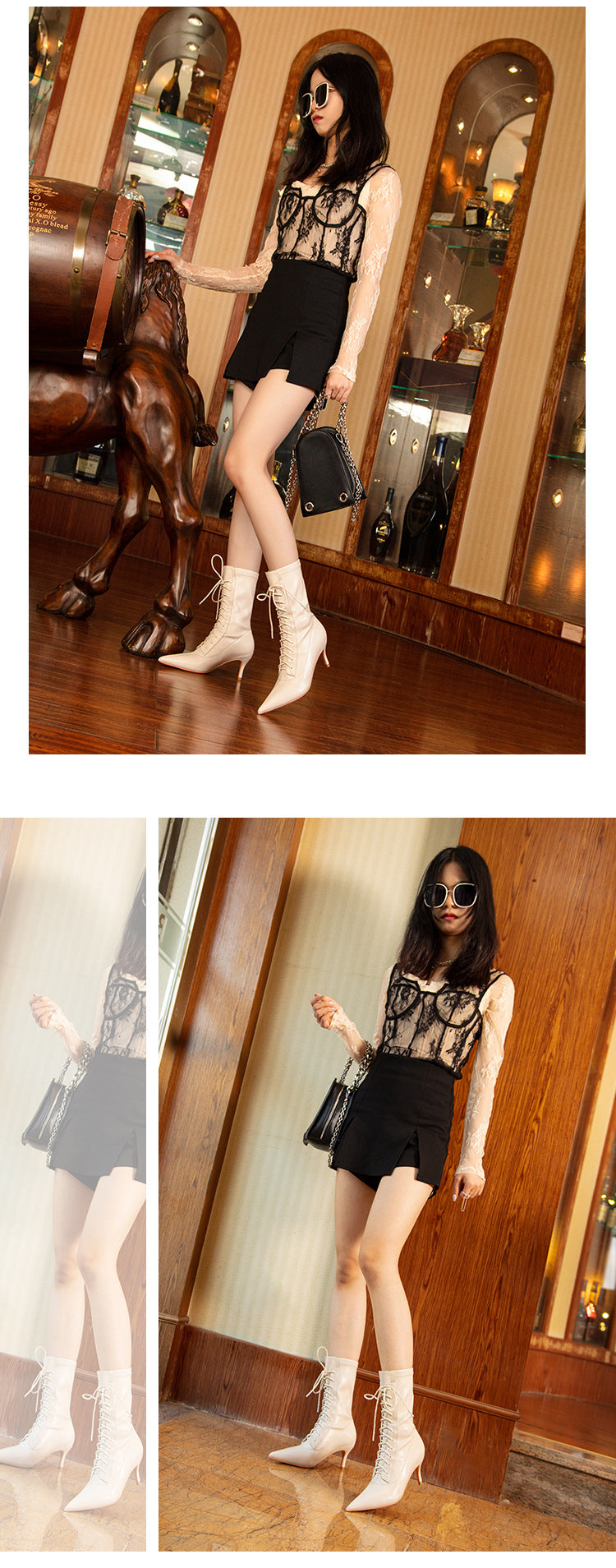 Fashion high-heeled strappy pointed elastic short boots