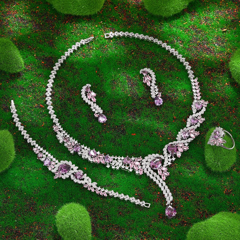 Luxury Purple Pink Crystal Bridal Jewelry Set – Necklace Earrings Ring Statement Set