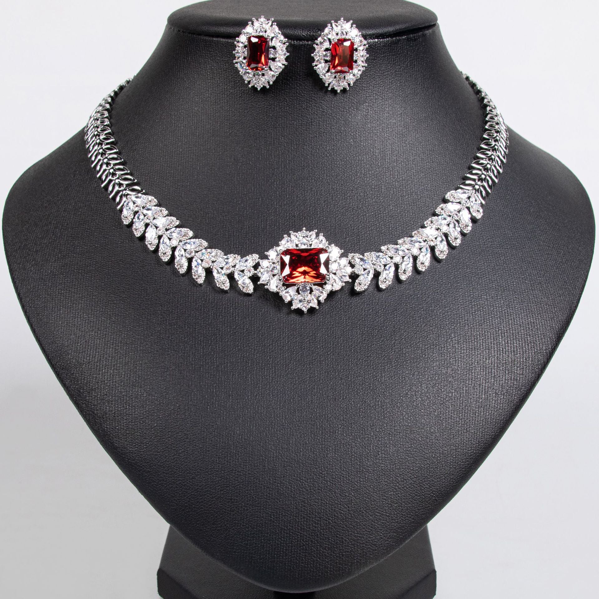 Luxury Red Rectangular Crystal Necklace and Earrings Jewelry Set for Women