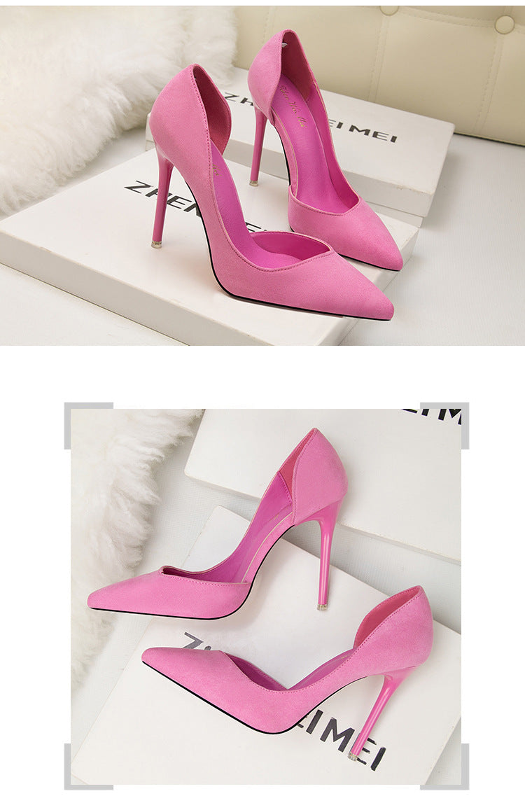 Simple suede hollow pointed high heels