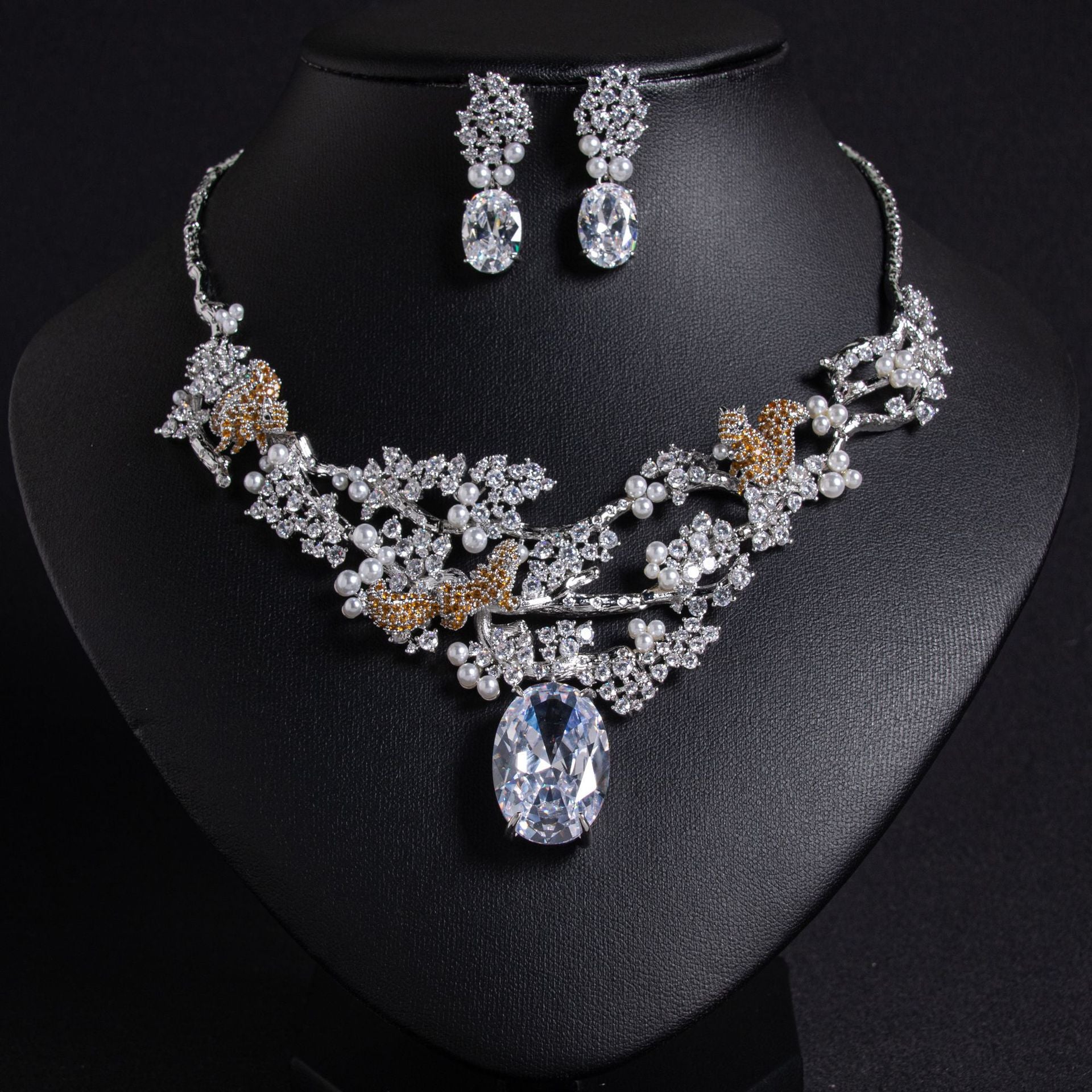 Elegant Red Crystal Pearl Necklace Set – Floral Earrings Jewelry for Women