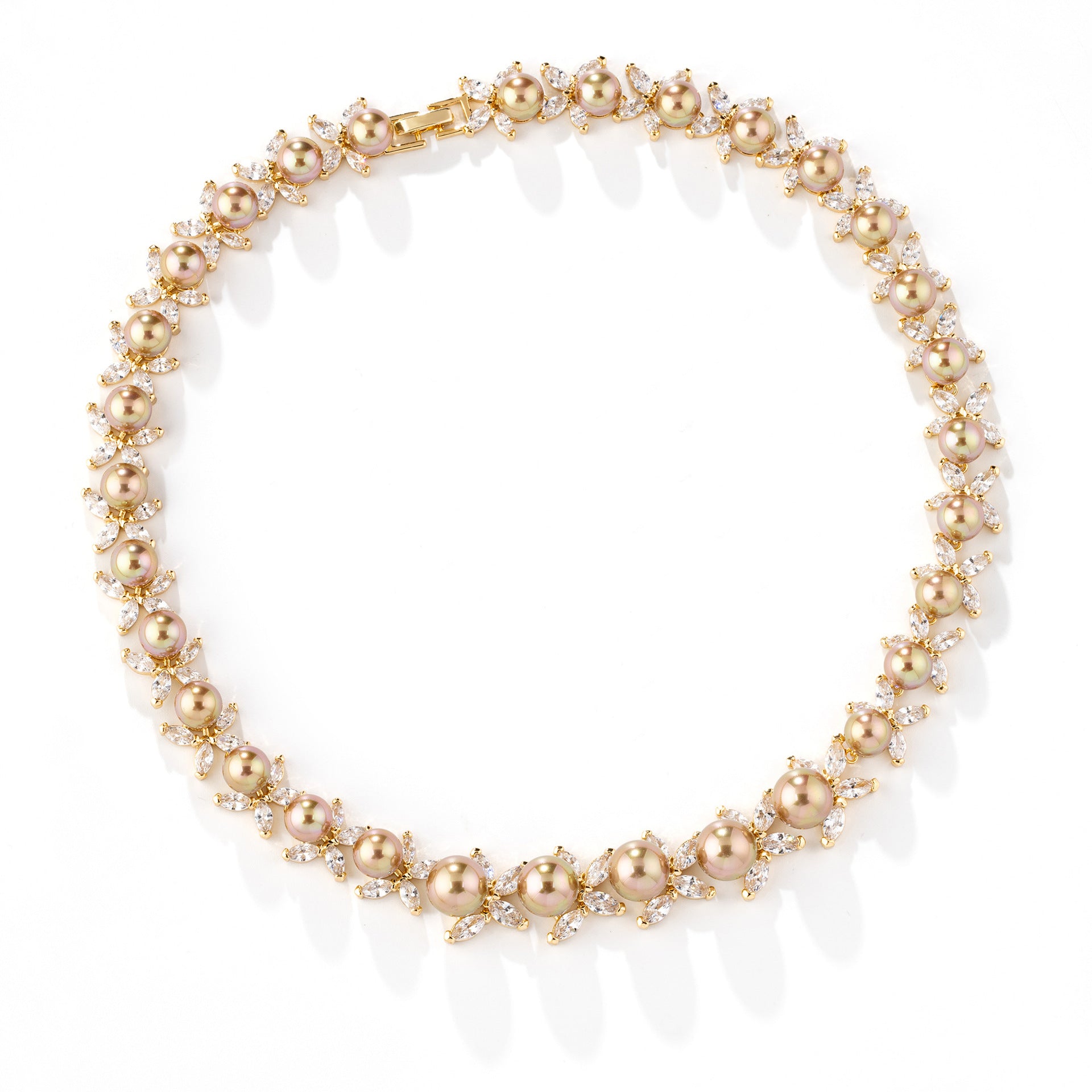 Luxury Gold Pearl Jewelry Set – Sparkling Crystal Necklace Earrings Bracelet