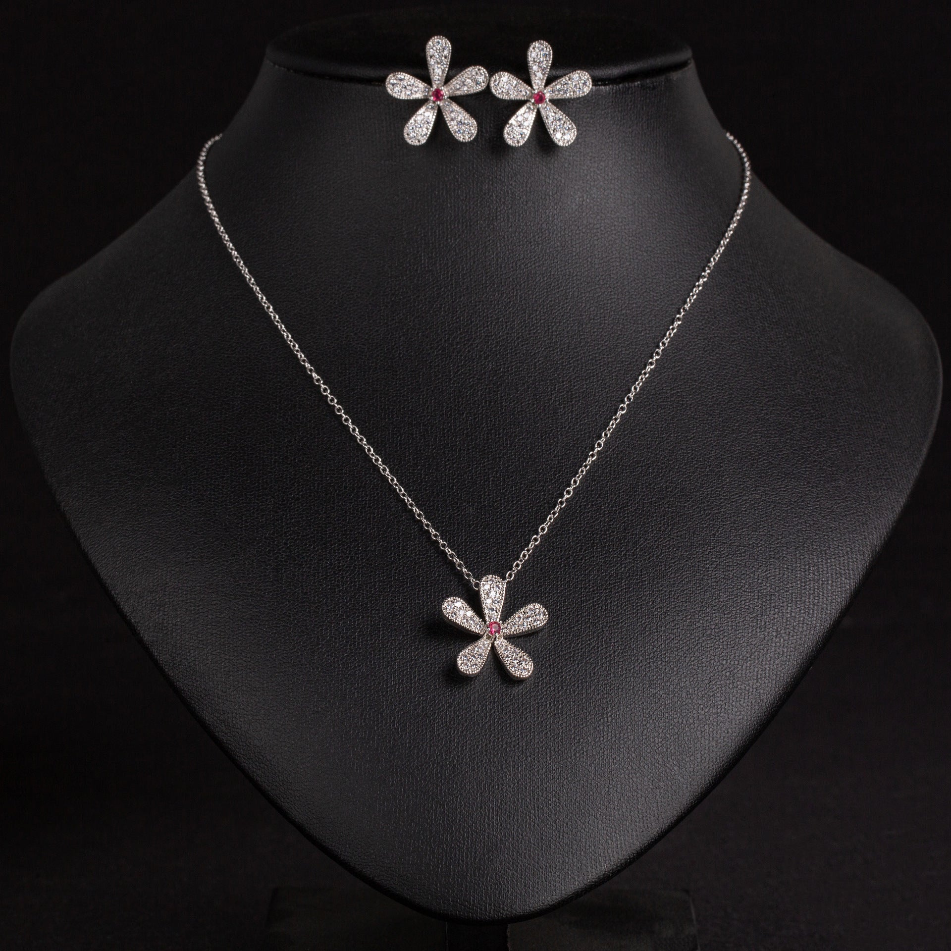 Elegant Silver Floral Crystal Necklace and Earrings Jewelry Set