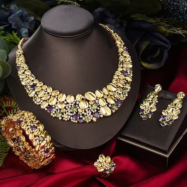 High-End Gold Statement Jewelry Set – Pink Blue Crystal Bridal Set for Women