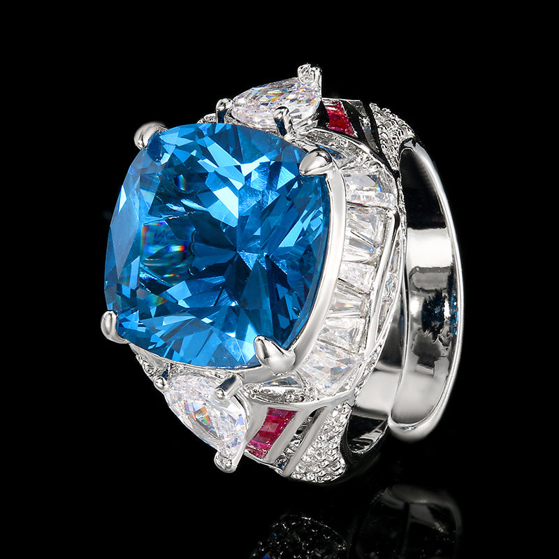 Copper silver plated red corundum square fashion ring