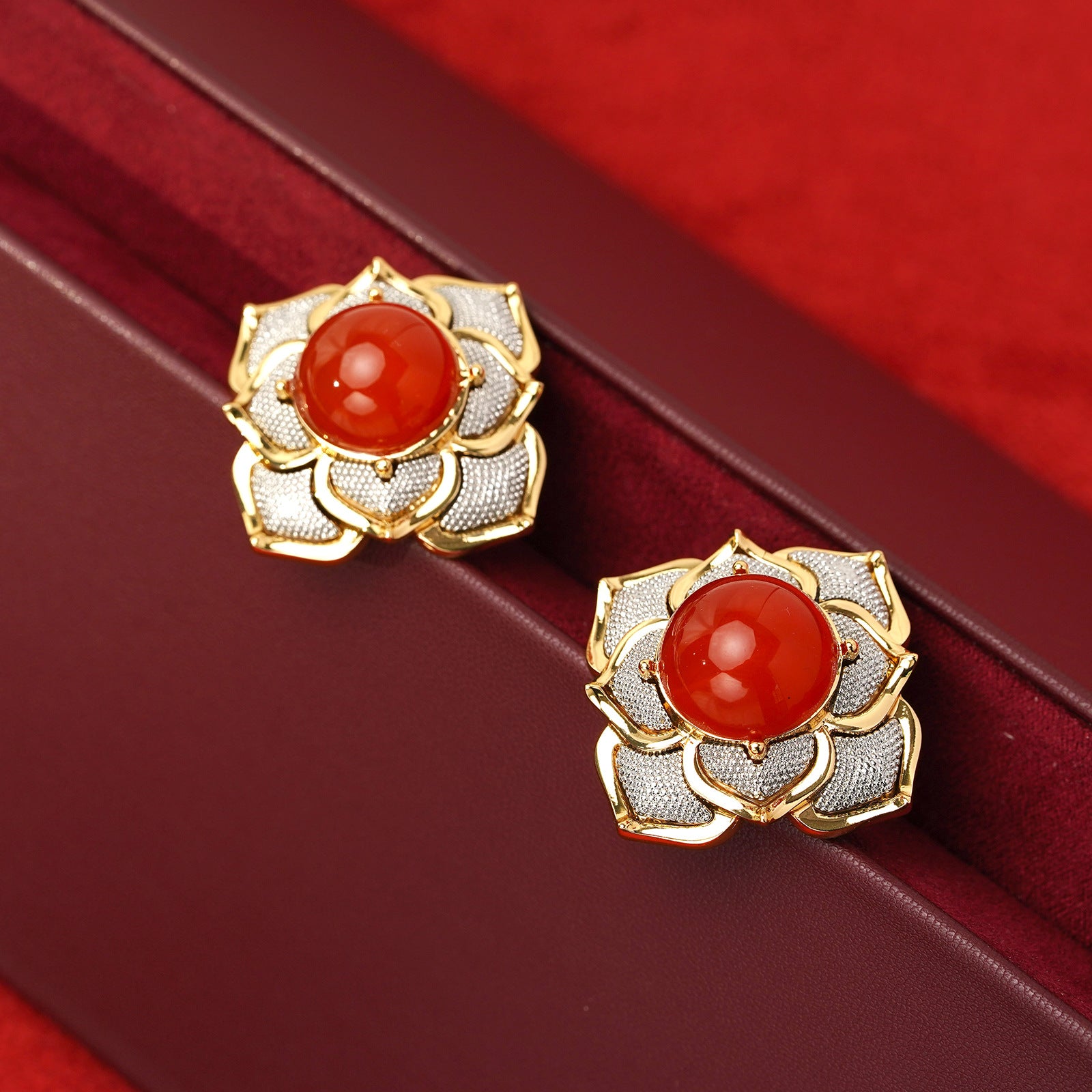 Medieval Red Camellia Pendant Necklace Tremella Needle Earrings Heavy Industry Enamel Light Luxury Women's Jewelry Set