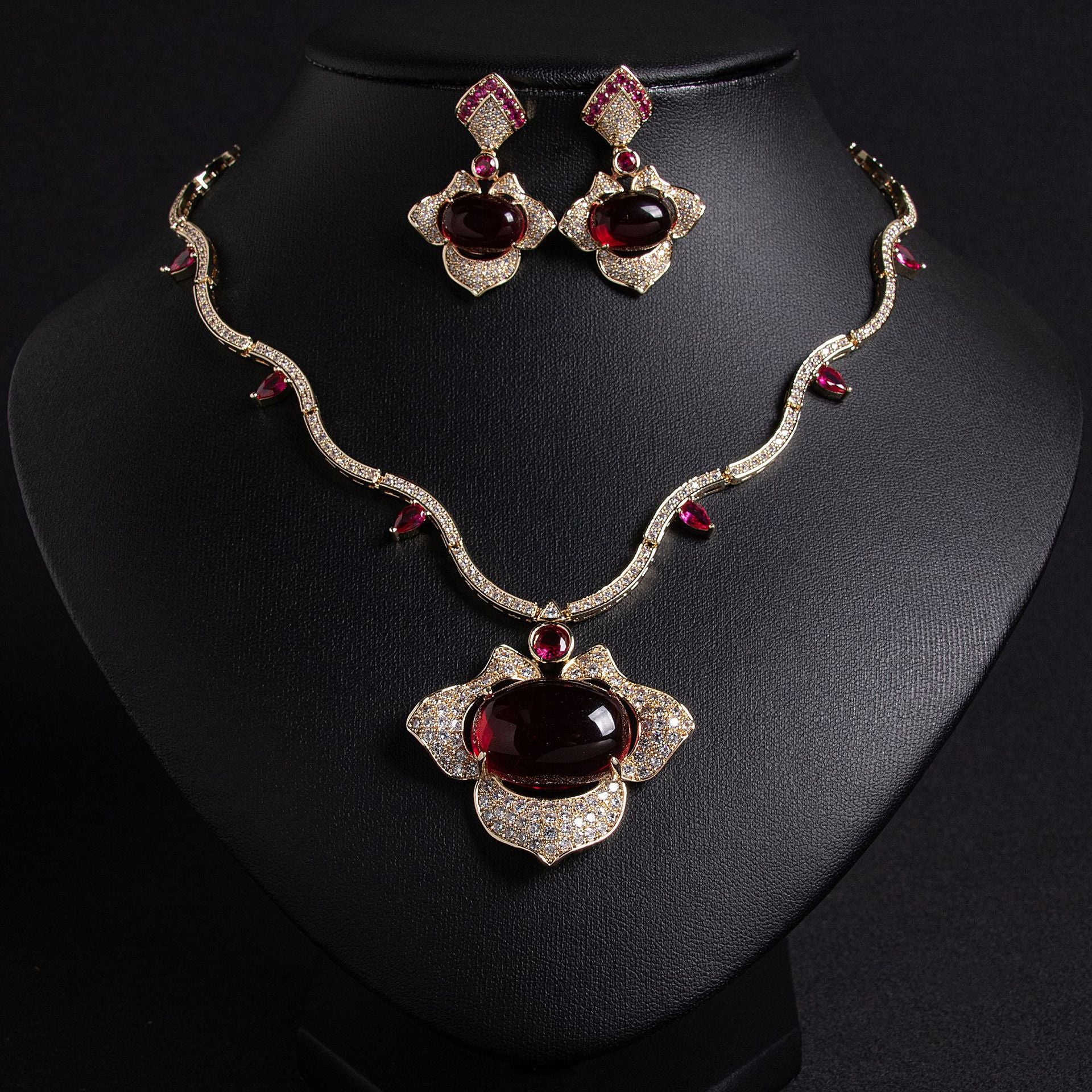 Luxury Ruby Red Crystal Necklace Earrings Set – Vintage Statement Jewelry for Women