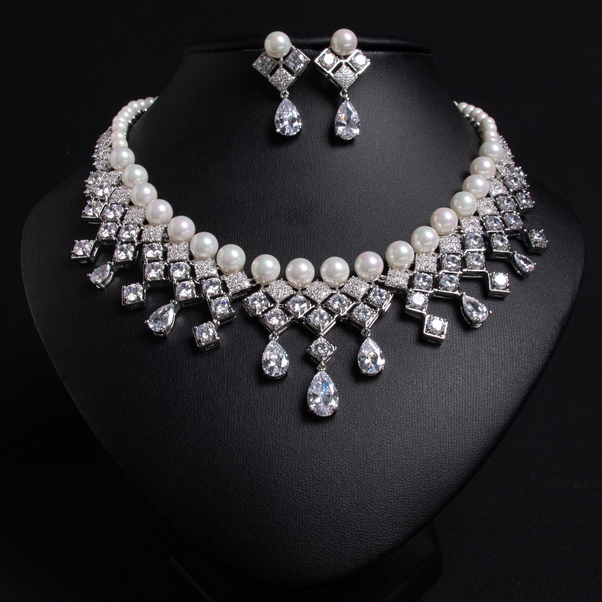 Luxury Pearl Blue Crystal Necklace and Earrings Jewelry Set for Women