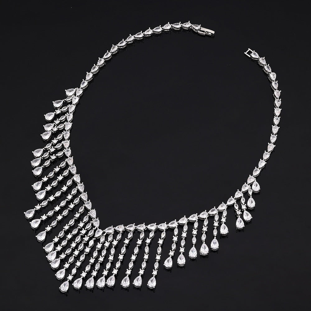 Luxury Silver Crystal Fringe Necklace Set Earrings Ring Bracelet Bridal Wedding Statement Jewelry for Women Elegant Sparkling Set