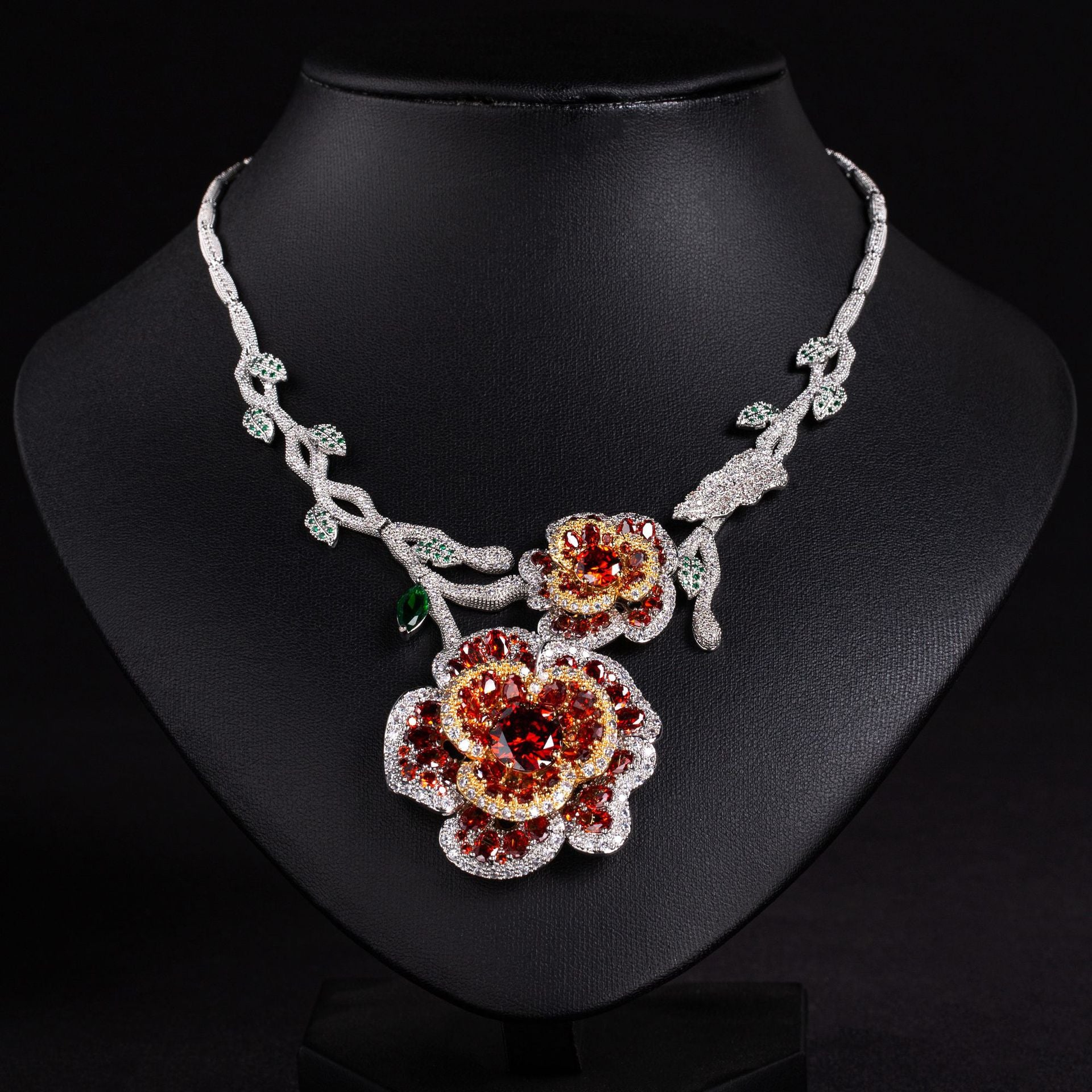 Luxury Emerald Green Crystal Floral Necklace and Earrings Jewelry Set for Women
