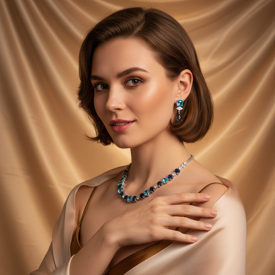 Luxury Blue Crystal Necklace Earrings Set – Elegant Statement Jewelry for Women