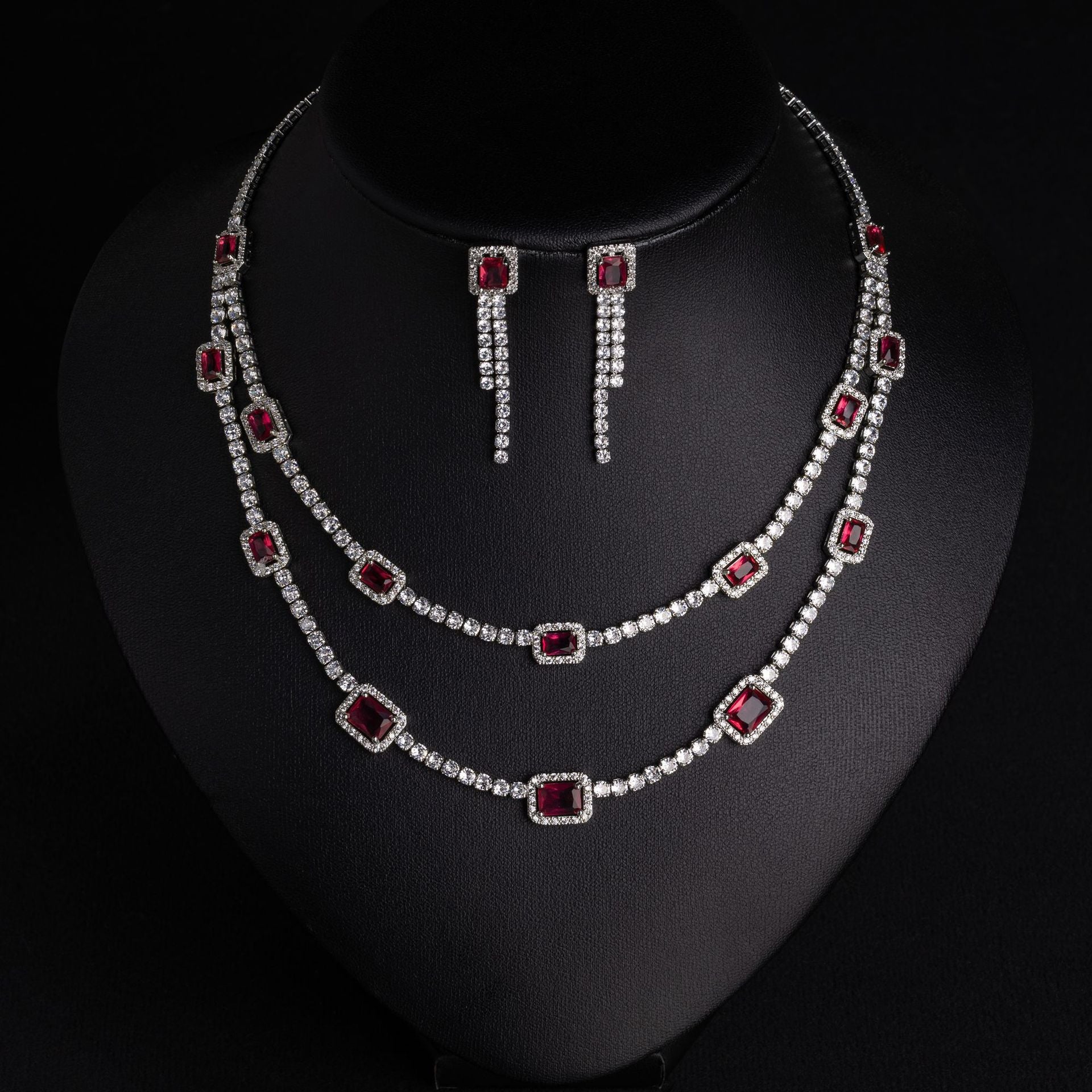 Luxury Ruby Crystal Necklace Earrings Set – Sparkling Silver Statement Jewelry