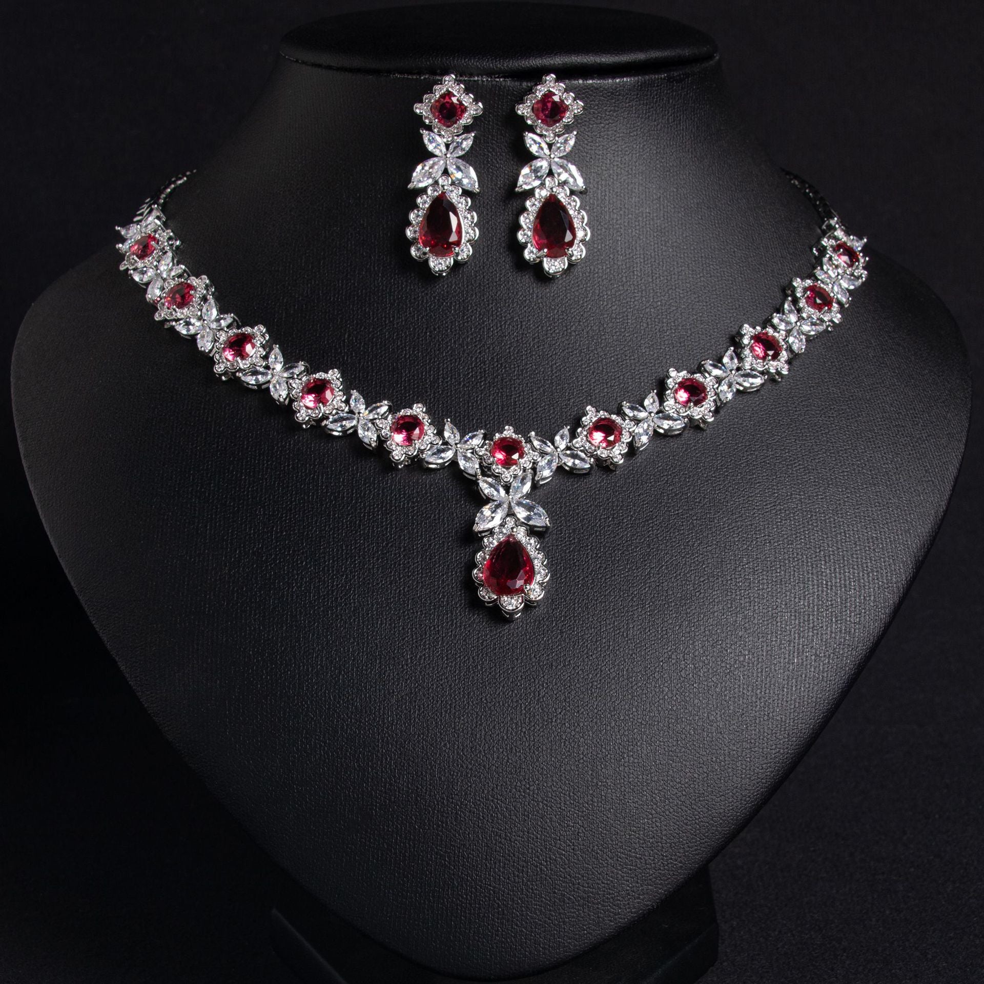 Luxury Ruby Teardrop Necklace Set – Floral Crystal Earrings Jewelry