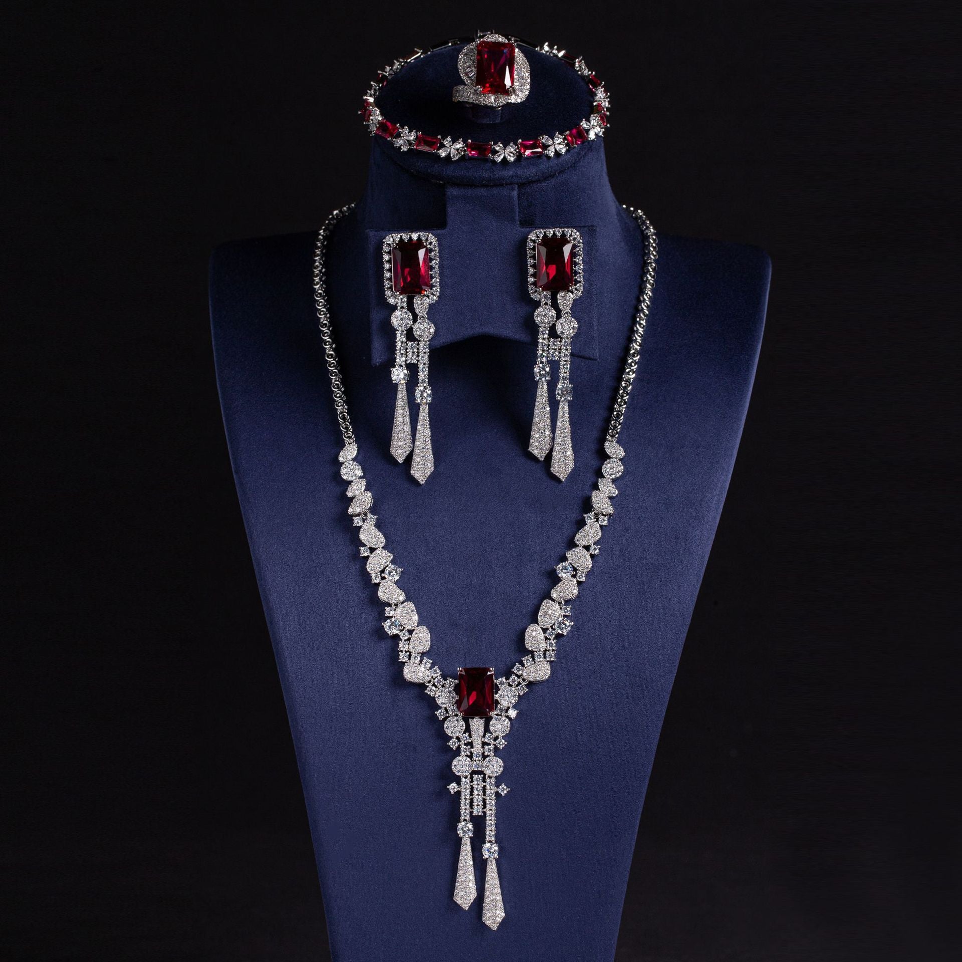 Luxury Ruby Red Crystal Jewelry Set – Necklace Earrings Ring Bracelet for Women